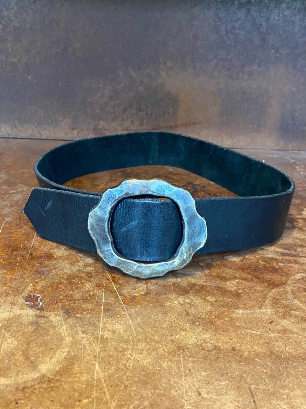 RARE 70s Black Leather Iron Heavy Large Belt Buckle Woodstock Boho Vintage